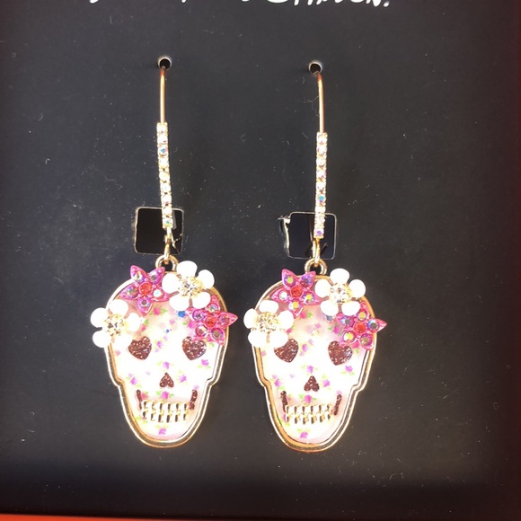 NEW Betsey Johnson Rhinestone Floral Skelton Hoop Earrings/For Halloween - Picture 15 of 16